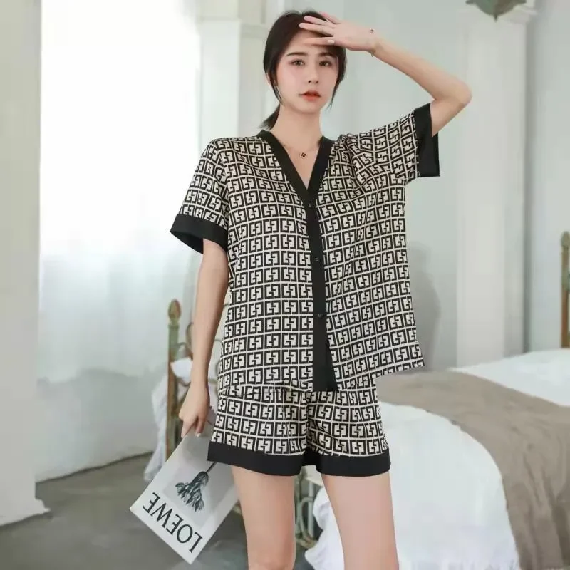 Summer Women\'s Pajamas Set Luxury Curves Print V Neck Sleepwear Short Casual Faux Silk Homewear 2pcs Nightie Femme