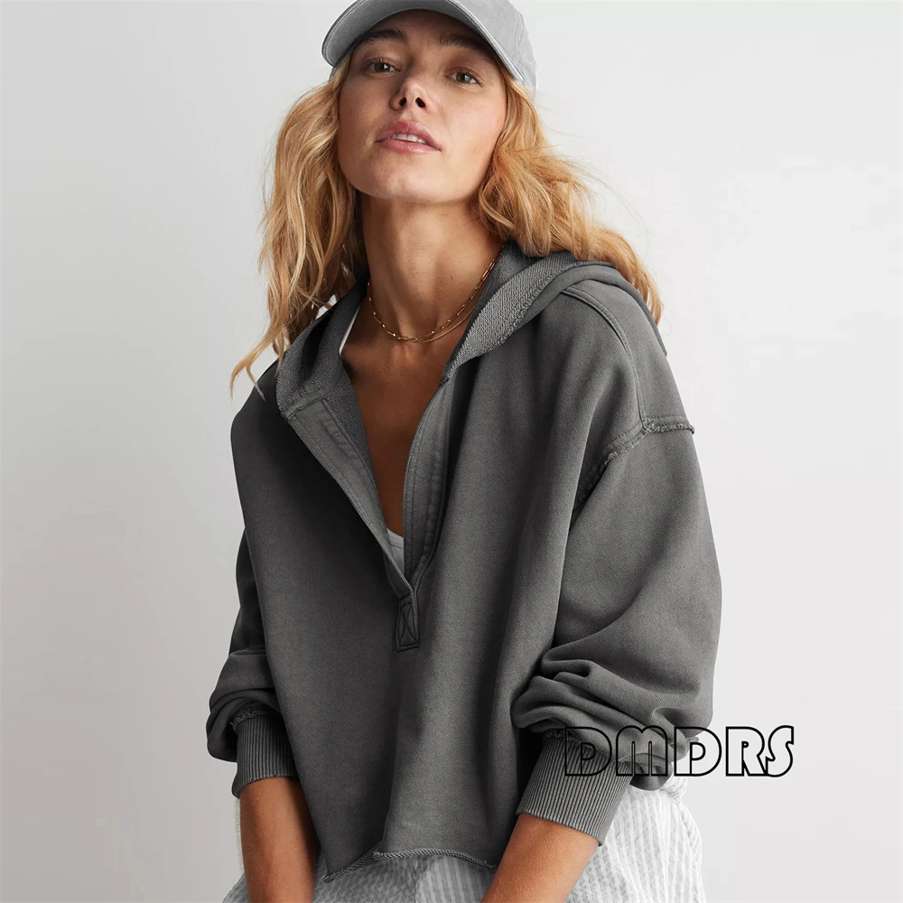 Fashionable Loose Hooded Sweatshirt for Women in Spring Autumn V Neck Pull Over S-XL Women's Oversize Knitted Hoodie