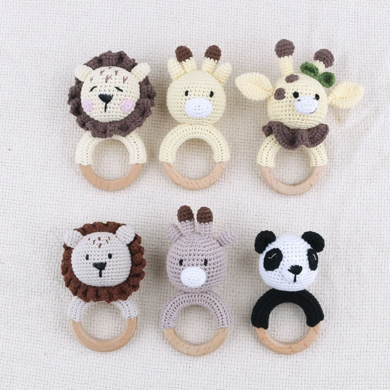 

New Handmade Amigurumi Crochet Natural Crochet Teether Toy Rattle for Baby Forest Friend Bunny Panda- on Natural Wood