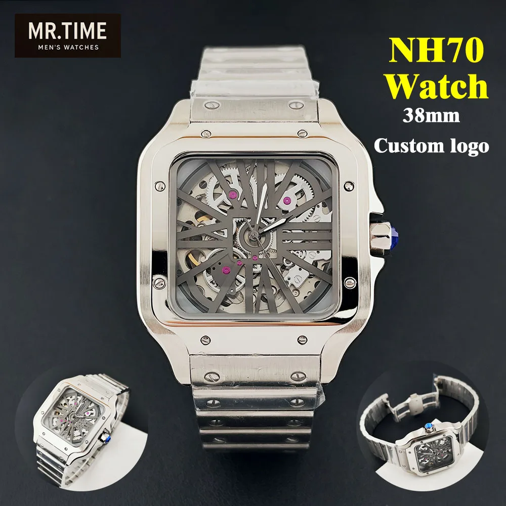 NH70 watch men's stainless steel watch hollow Roman dial square dial folding buckle square case NH70 movement watch