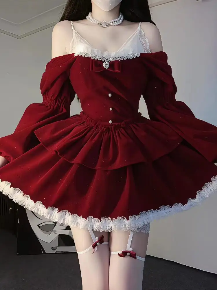 

2025 Kawaii Christmas Vintage Sweet 2 Piece Sets Women Lace Design Long Sleeve Bow Tops + Strap Dresses Korean Y2k Chic Cute New