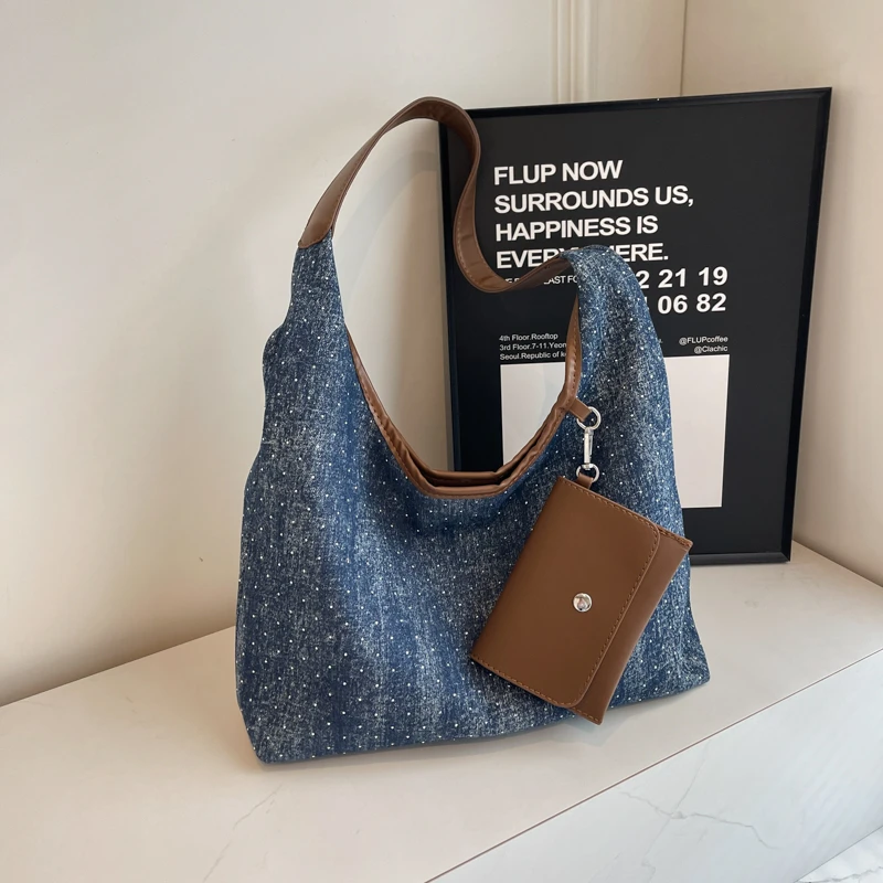 Bolsa de ombro jeans de grande capacidade feminina, casual, com zíper, versátil, estilo clássico, tiracolo, retrô, portátil, 2024