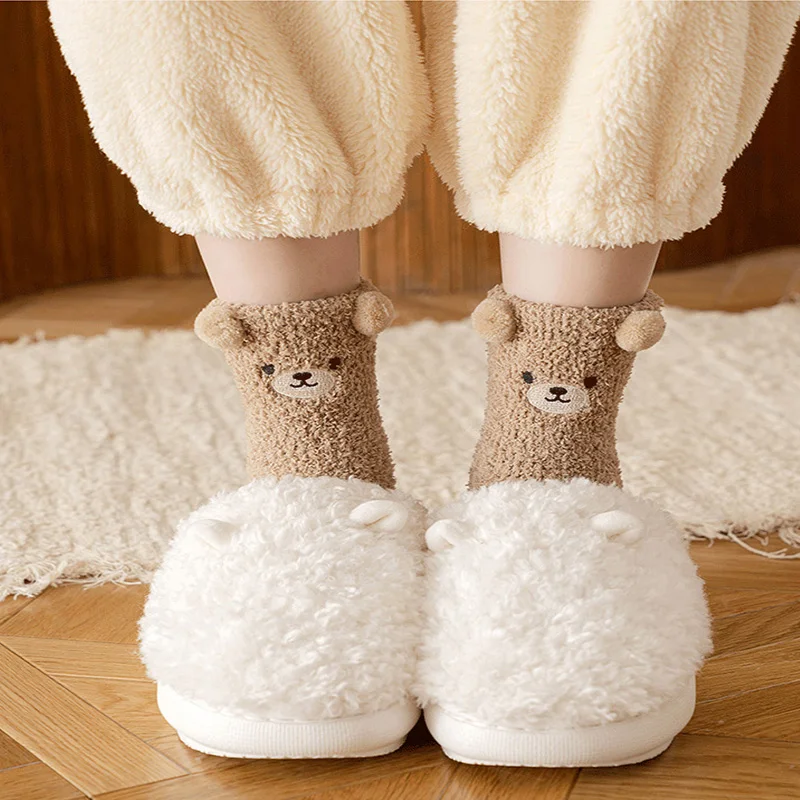 Winter Cute Bear Coral Velvet Socks for Women Warm Comfortable Fluffy Sleeping Sock Lovely Cartoon Floor Socks for Girls XKWZ12 view 4