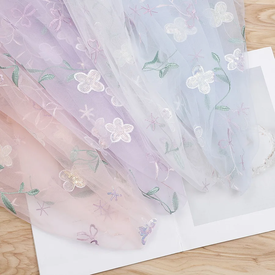 3D Sequin Flower Grass Embroidery Color Sequined Mesh Fabric INS DIY Trimming For Doll Dress Gift Wrapping Decor