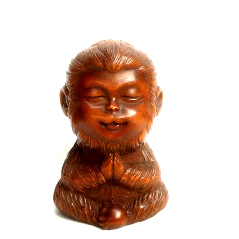 1919 Antique art Size 2.5 Inch Old Chinese Boxwood Wood Hand carved Monkey King Sun Wukong Statue Desk Decoration Collectable