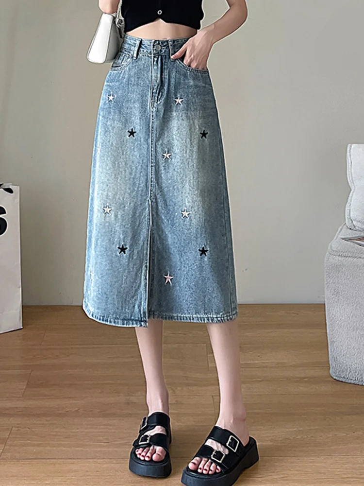 

Summer Chicly Embroidery Casual Loose Female Midi Skirts New Fashion Split Simple Slim High Waist Classic A-line Women Y2k Skirt