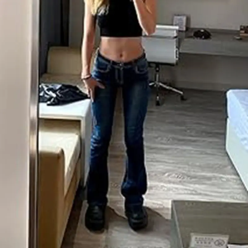 Women Denim Flare Leg Jeans Trousers Y2K 90s Button Low Waist Vintage Slim Fit Long Pants with Pockets Streetwear