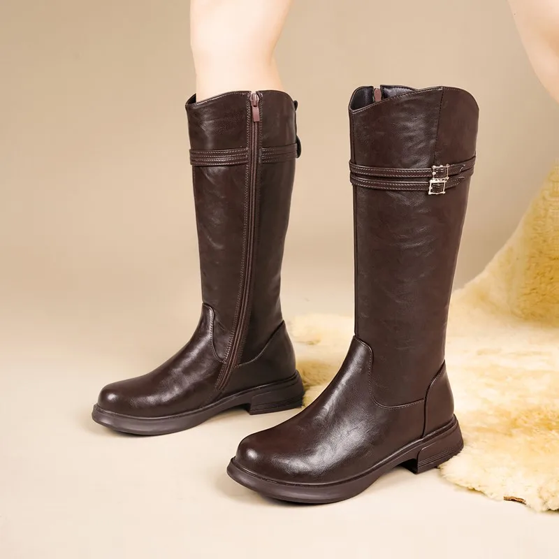 DIMANYU Winter Ladies Knee High Genuine Leather Boots Wool Side Zip Warm Anti-slip Women Riding Snow Boots 4