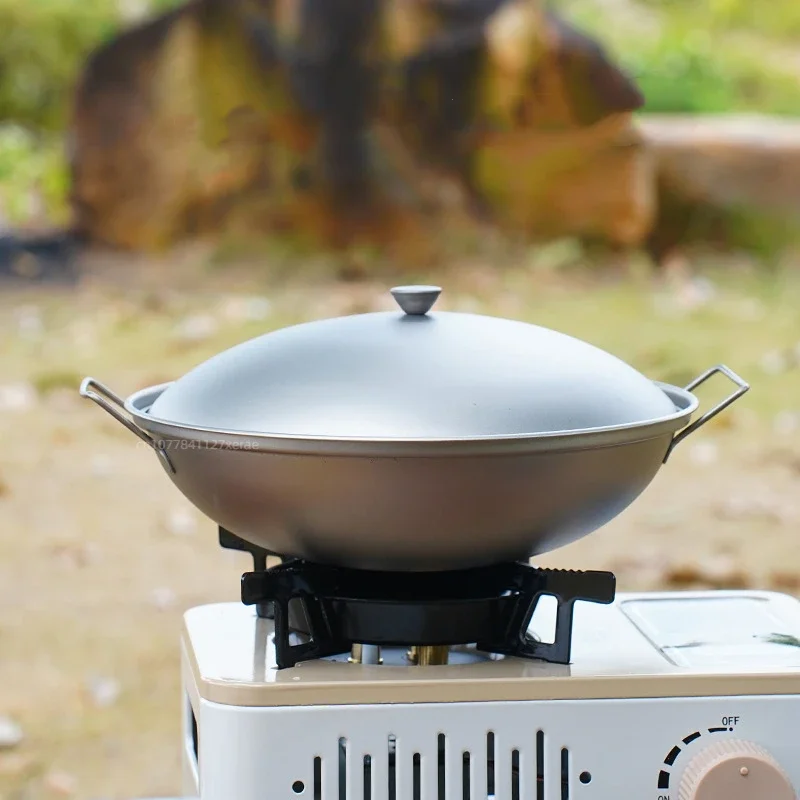 

Посуда для кемпинга и пикника на открытом воздухе, спиртовая плита из чистого титана, маленькая кастрюля, индукционная плита с двойной ручкой и крышкой
