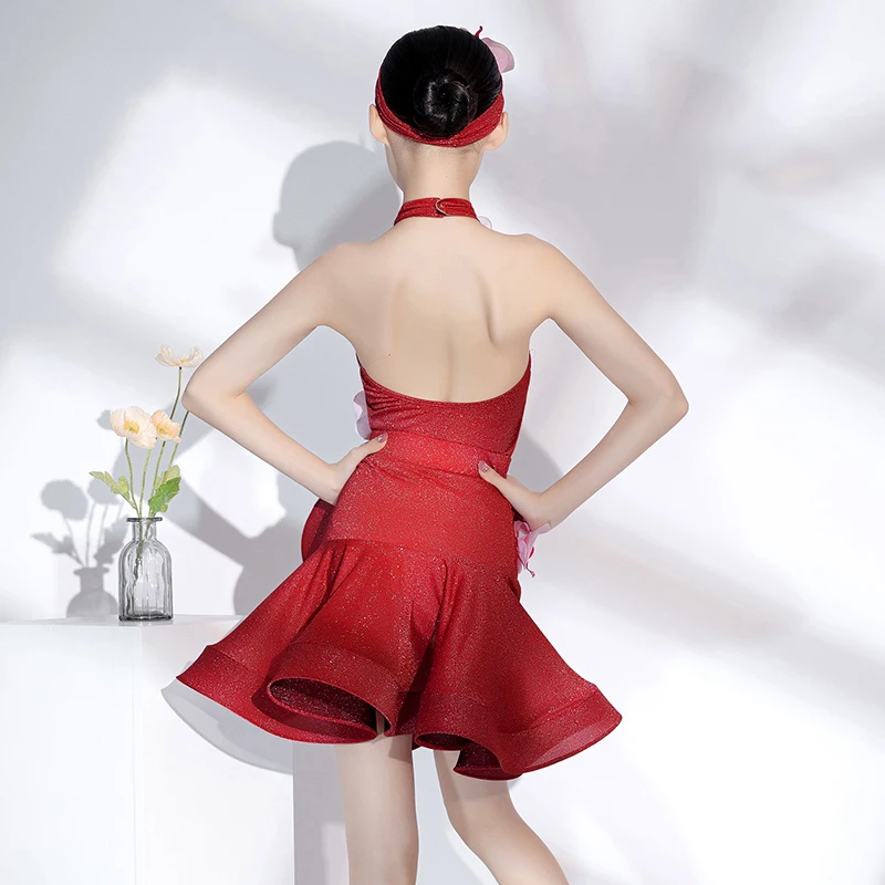 Robe de danse latine rouge d'été pour filles, Costume de spectacle, ensembles d'arêtes de poisson à fleurs, Cha Cha Rumba Samba, robe de concours de danse BL14653