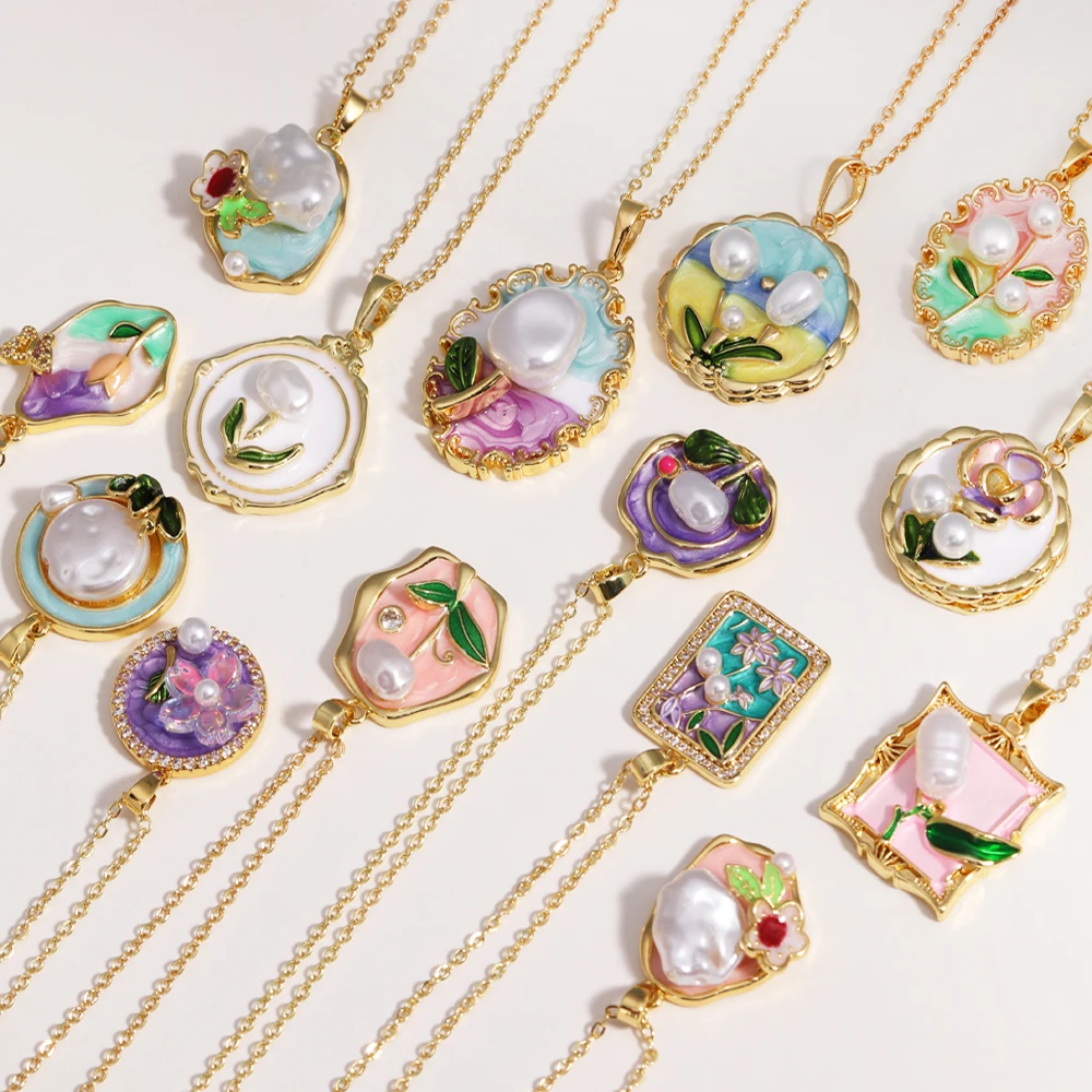 Stainless Steel Women Flower Pendant Necklace 18K Plated Gold Pearl Handmade Oil Painting Series Colored Drawing Enamel Jewelry