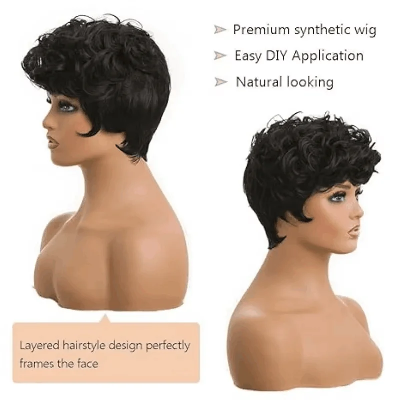 Short Pixie Wigs for Black Women Short Black Curly Pixie Wigs Synthetic Hair Wigs for Black Women Natural Wavy Black Pixie Cut image 6