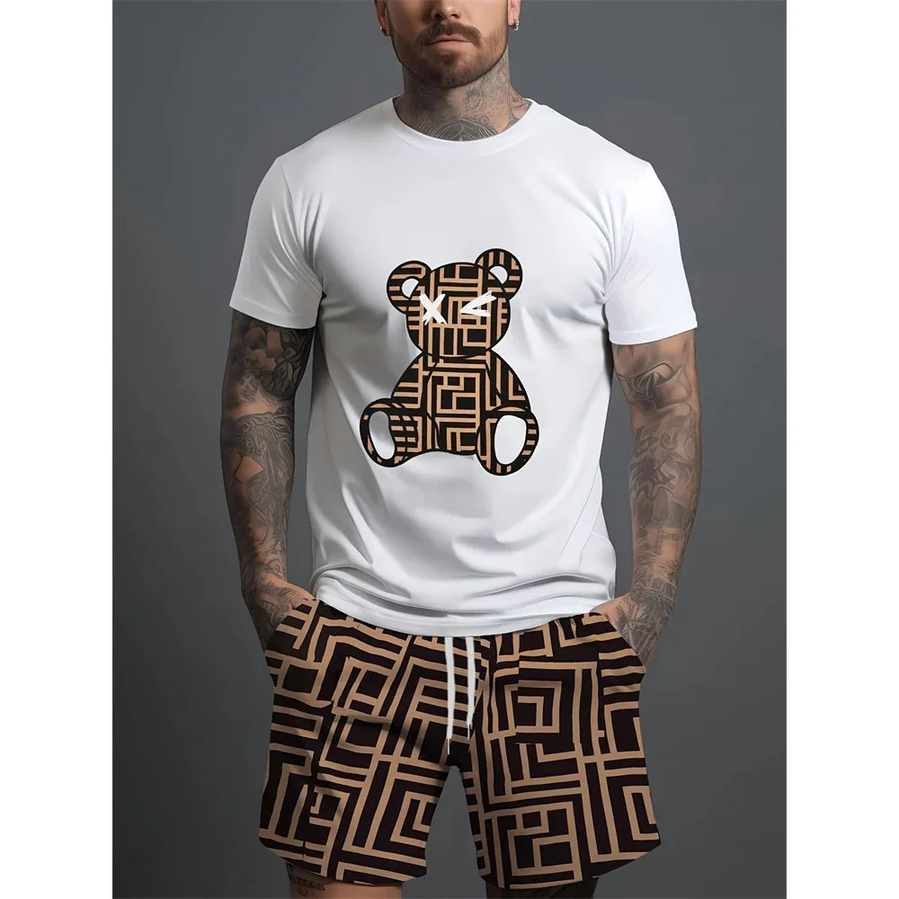 T-shirt ort Sve con stampa orso 3D da uomo Set Cross Border Sle Abbigliamento casual estivo Colletto in materiale sottile Vestibilità comoda