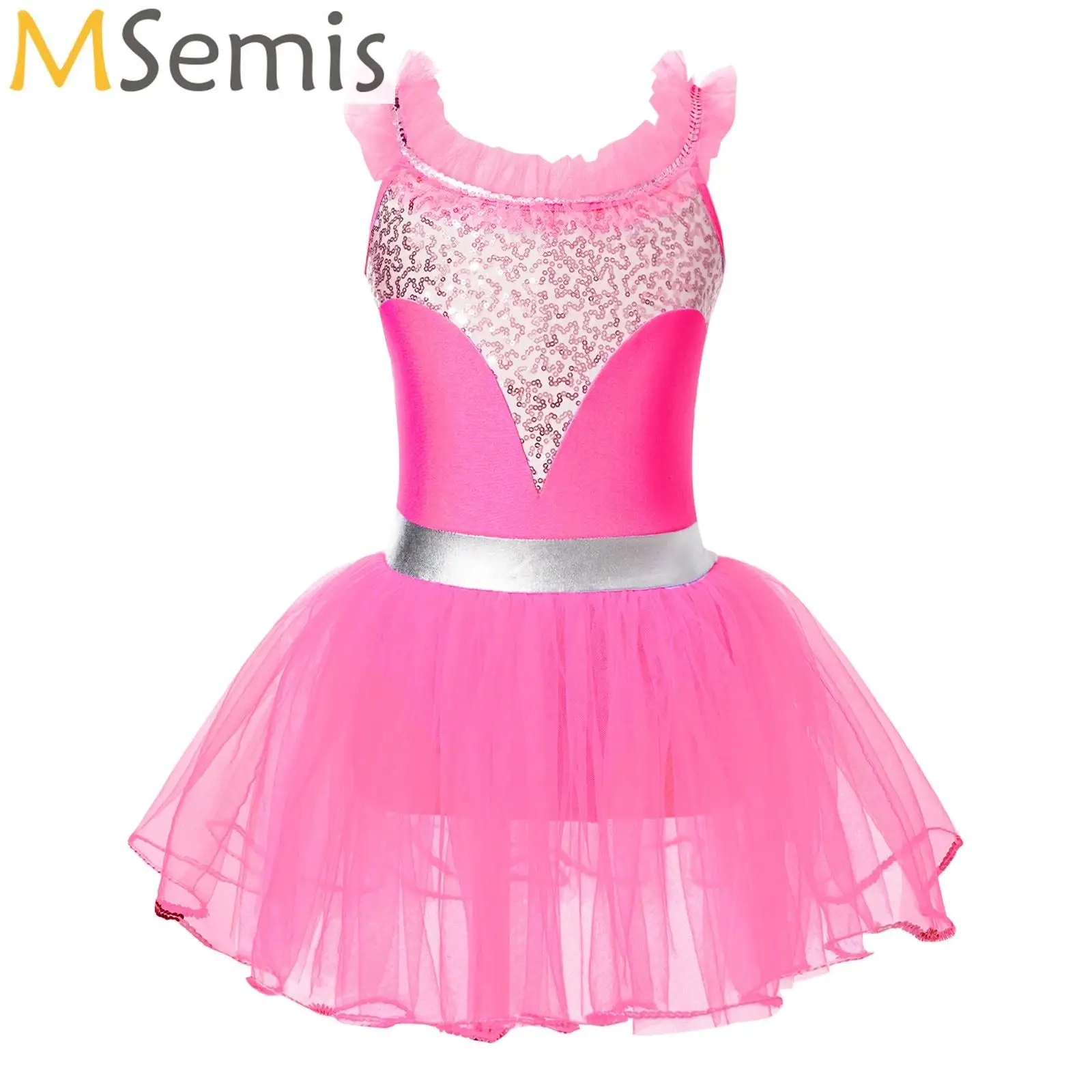 Kids Girls Sleeveless Tulle Ballet Dance Dress Shiny Sequined Bodysuit Skirted Tutu Dresses Latin Ballerina Performance Costumes