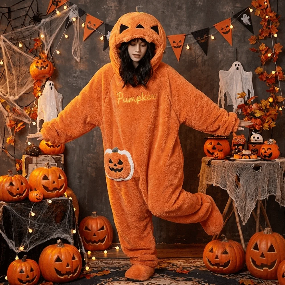 Cute Warm Pumpkin Integrated Pajamas Funny Frog Pig Cartoon Animal Sleepwear Thick Coral Fleece Soft Cosplay Costume Outerwear
