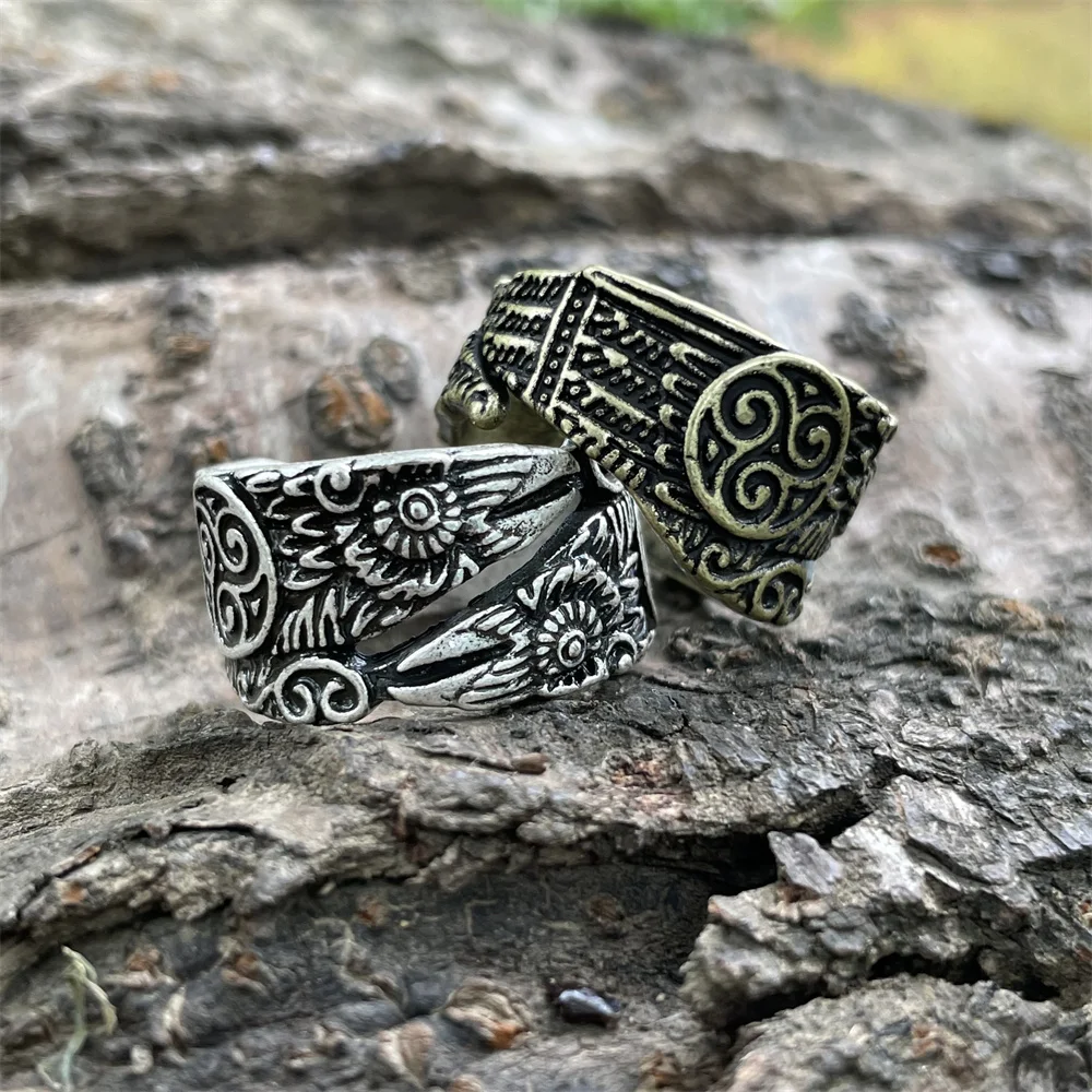 

Norse Viking Odin's Raven Ring Adjustable Scandinavian Mythology Triskele Triskelion Symbol Punk Jewelry