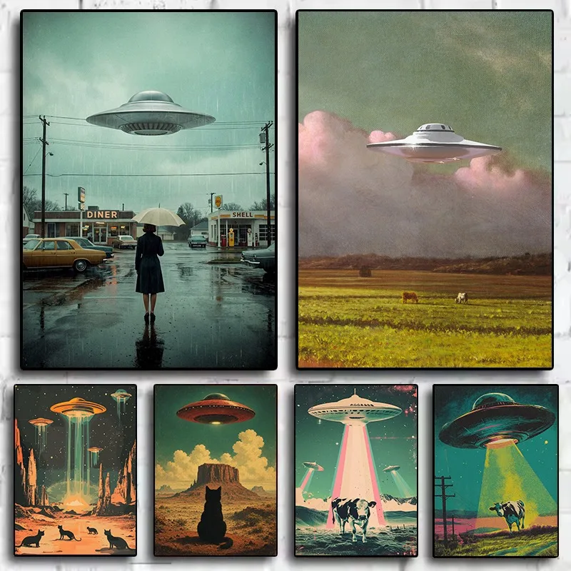 Retro 1970s UFO Sci-fi Alien Spaceship Surreal Space Cow Abduction Poster Canvas Painting Wall Art Pictures Home Decor