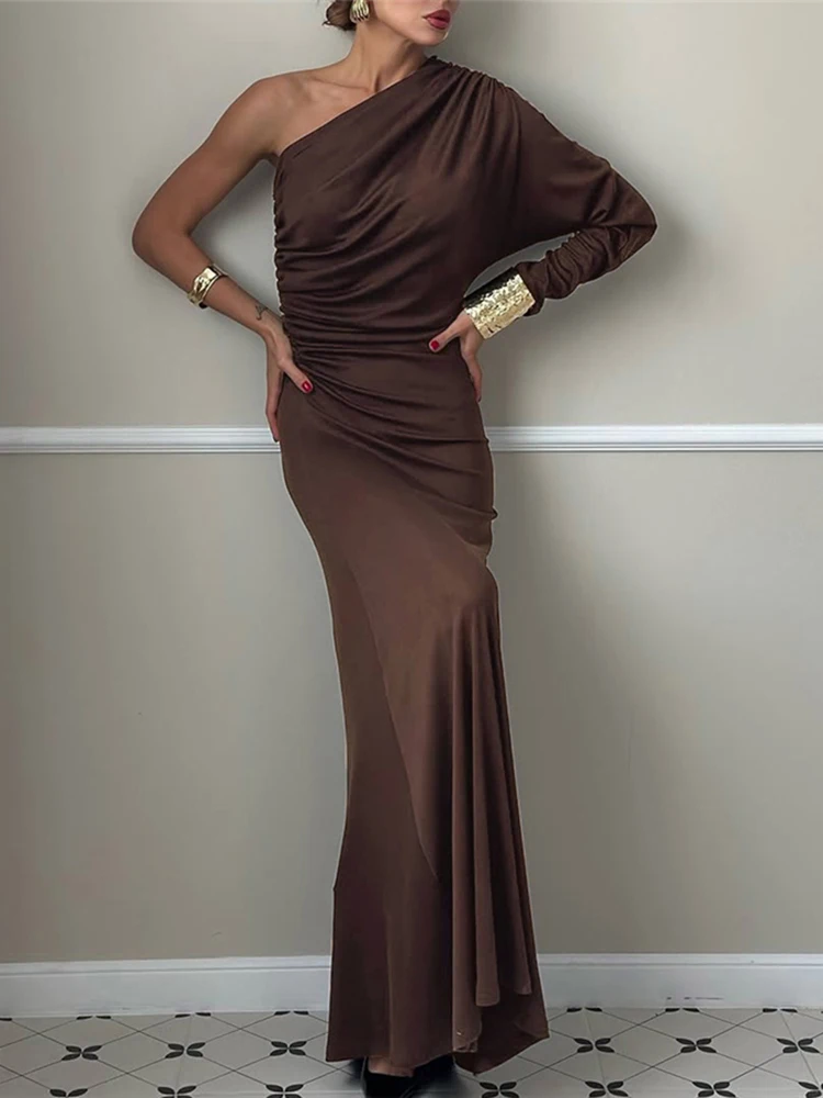 Nibber Mode Ruches Elegante Maxi Jurk Vrouwen Skew Kraag Een Schouder Skinny Hoge Stretch Midnight Prom Party Klassieke Vestidos