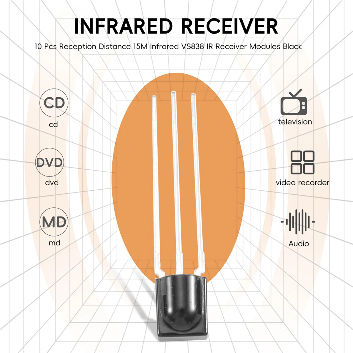 Módulos infravermelhos pretos do receptor, recepção distância 15M, VS838 IR, 10 pcs