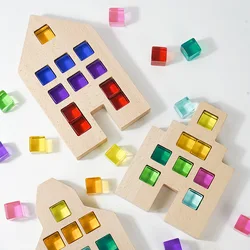 Wooden Houses Lucent Cubes Translucent Blocks Rainbow Acrylic Building Stacking Blocks Open Ended Play Toys for Children Gift