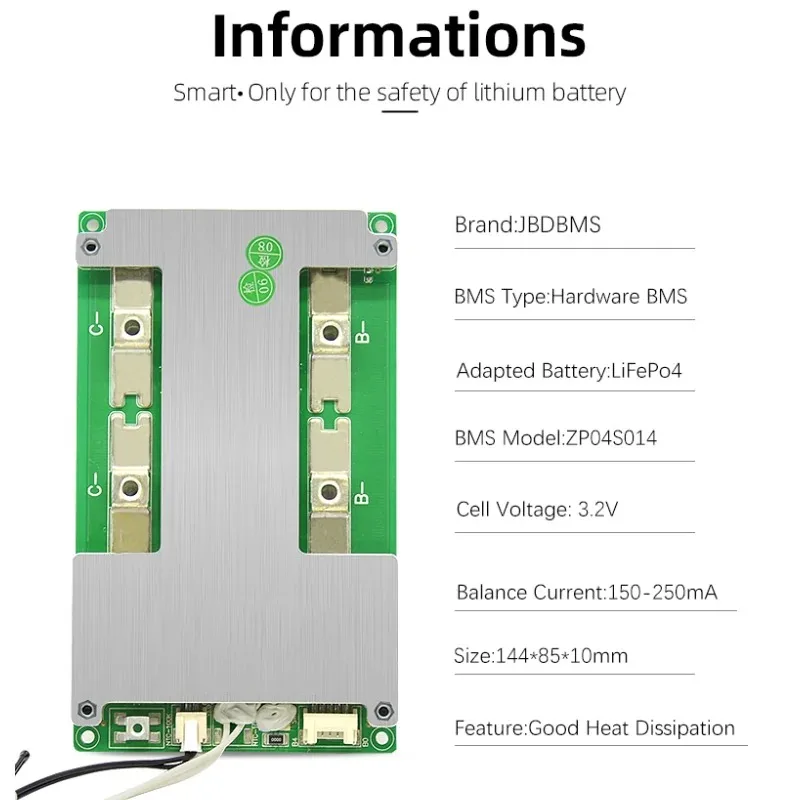 JIABAIDA BMS Charge Discharge Protection, Support Balance Heating, Series Connection, LiFePO4 4S, 12V, 100A, 120A