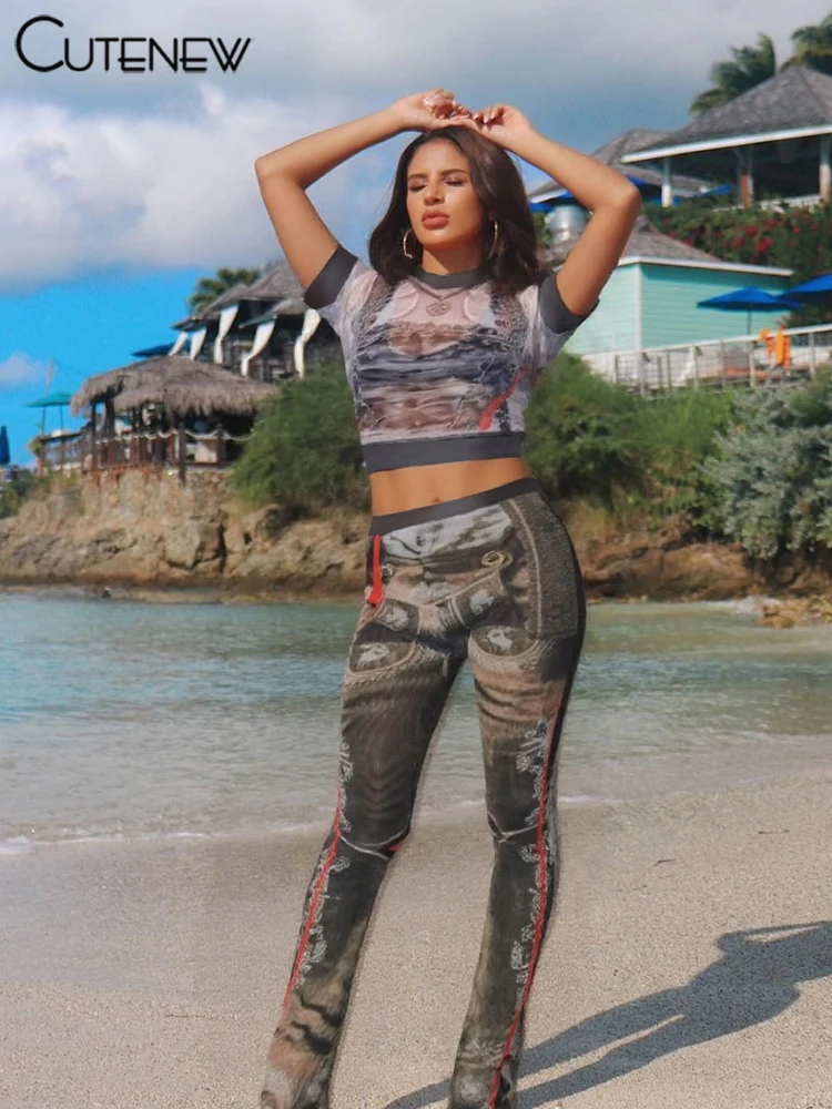 

Cutenew Spring New Thin 2 Piece Women Attractive Print Short Sleeve Slim Tees+High Waist Trousers Mujer Matching Street Outfits