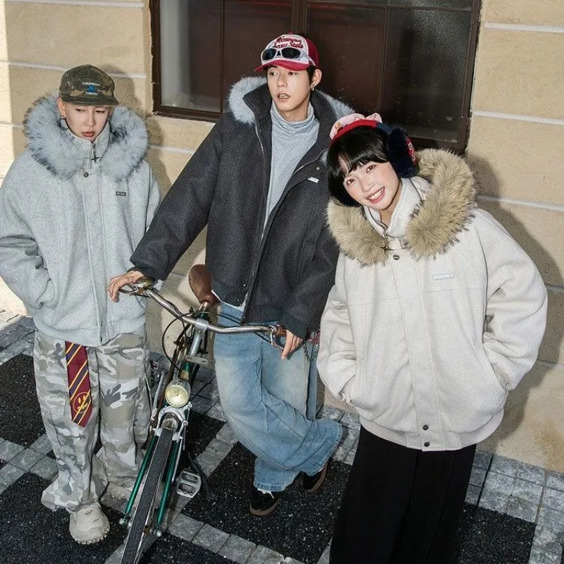 Autumn/Winter Fashion New Cotton-padded Jacket with Woolen Collar Hat Casual Woolen Patchwork Warm Couple's Top Pure Color Coat.