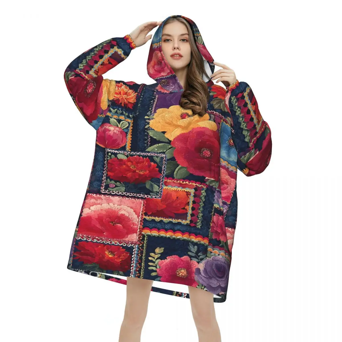 Floral Patchwork Blanket Hoodie Oversized Wearable Sweatshirt Blanket Warm Gifts for Women Girls Girlfriend
