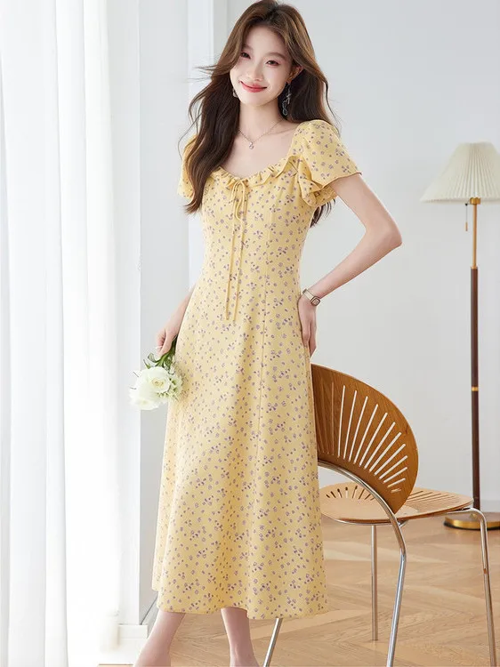 Vestido de Verão com Estampa Floral Amarelo Limão para Mulheres, Saia Godê, Cintura Elástica, Manga Curta, Estilo Casual, Sai...