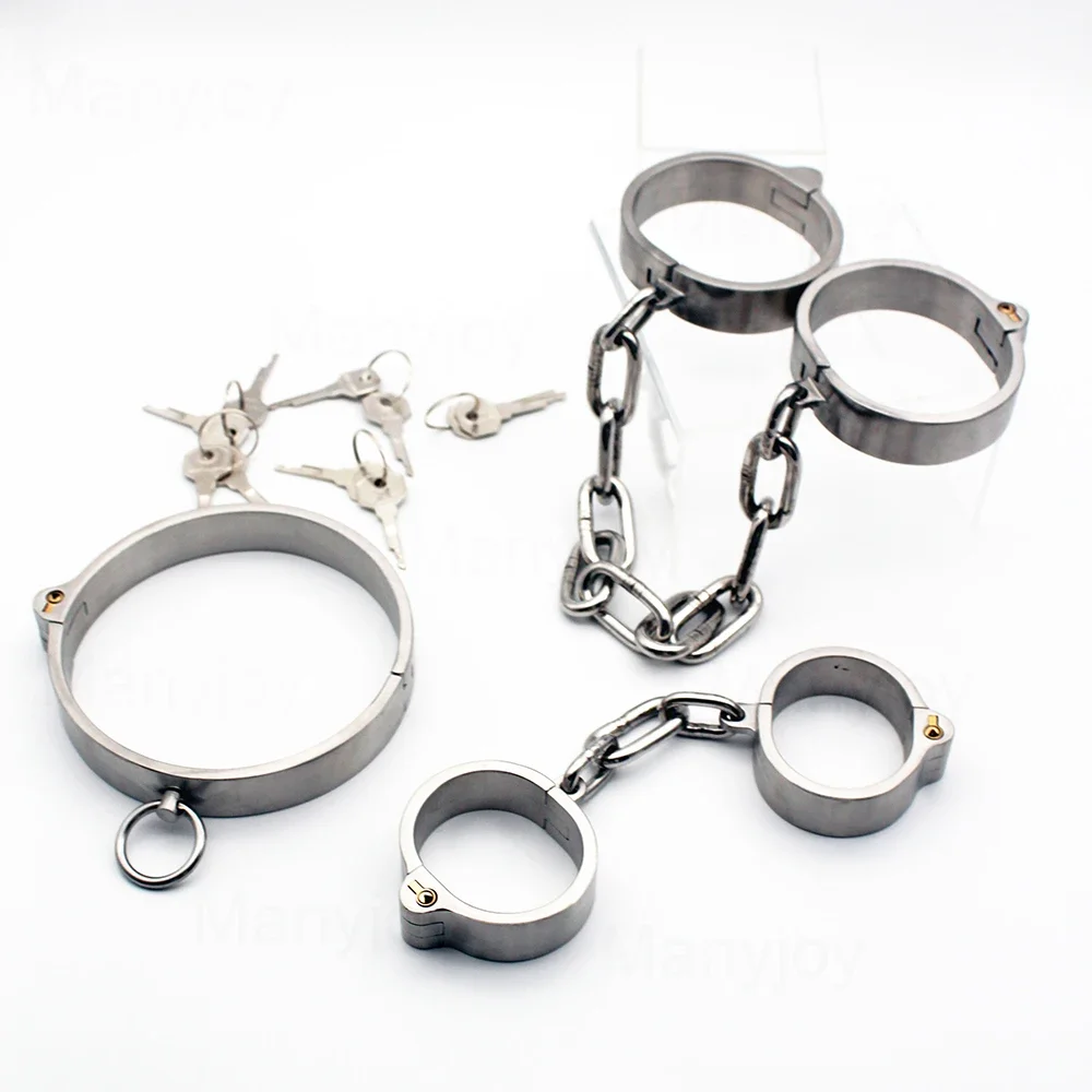 Stainless Steel Wrist Handcuff Ankle Cuffs Shackles Detachable chain Neck Collar SM Restraint Choker Stealth Lock Adult Sex Toys