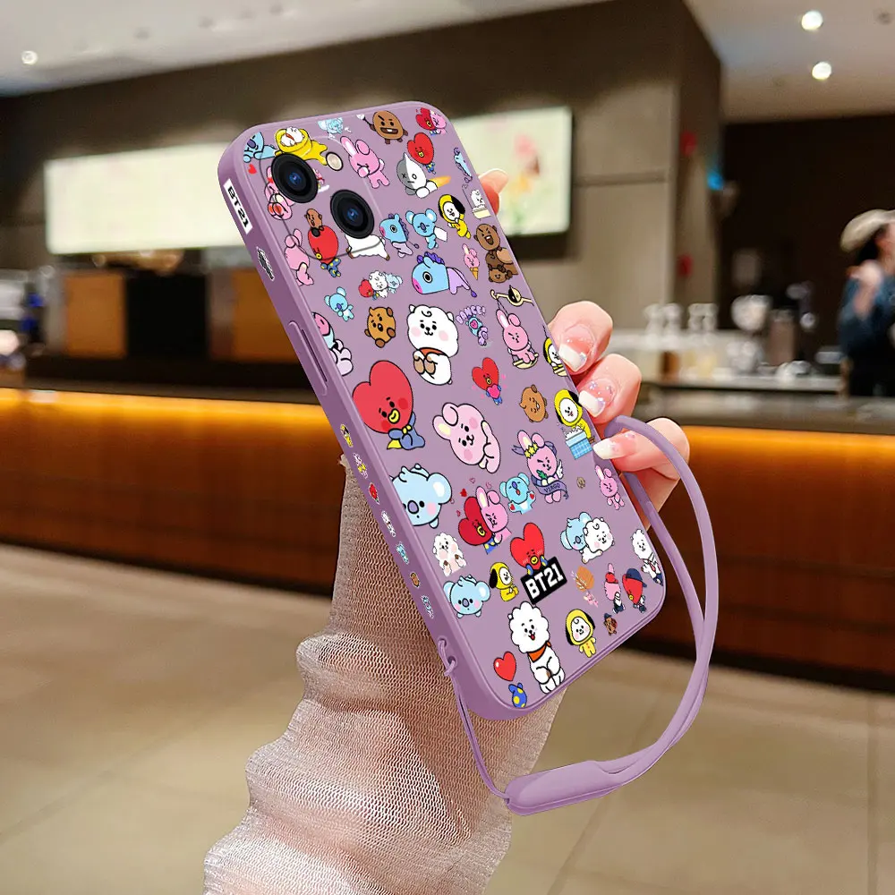 Cartoon Phone Case For iPhone 16 15 14 13 12 11 Pro Max Mini X XR XSMAX 8 7 6S Plus Soft Silicone Cover BTS With Hand Strap