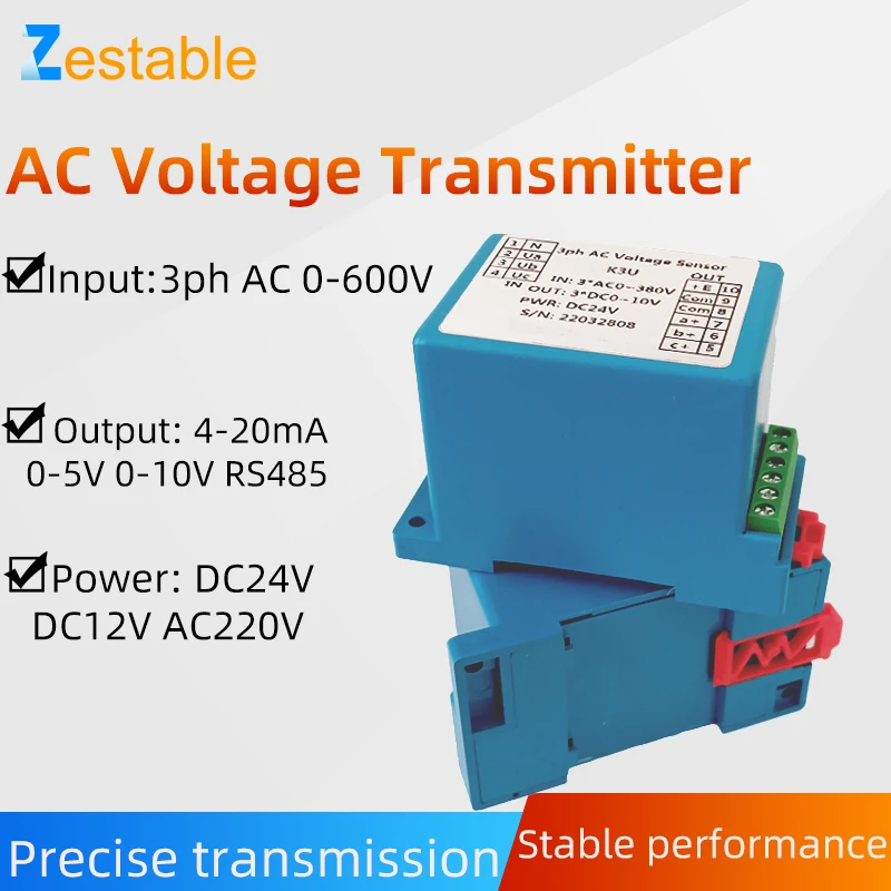 Three Phase Voltage Sensor AC 0-600V Voltage Transmitter Transducer 4-20mA Output DC12V 24V 220V Power Supply