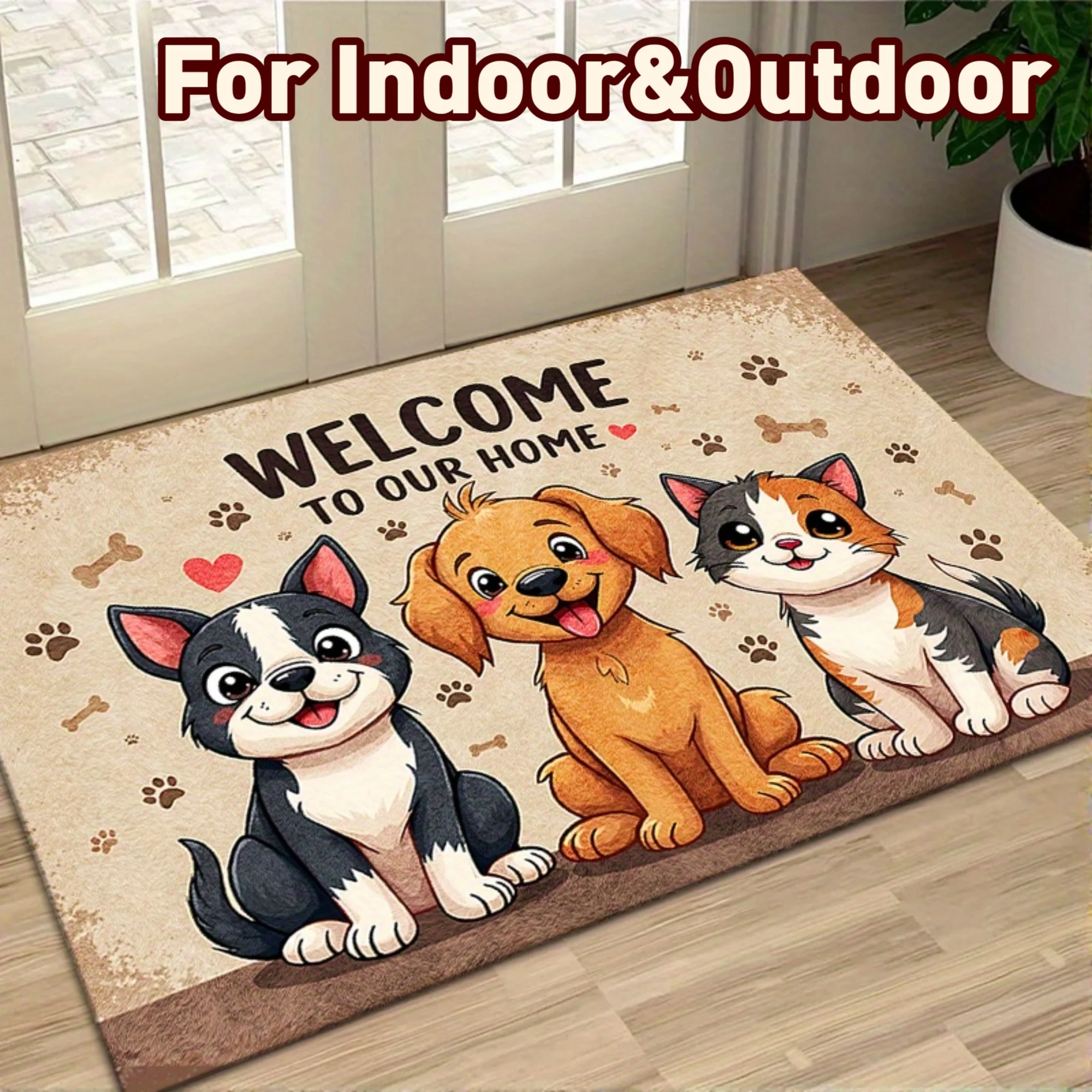 

VIKAMA Cartoon Dog And Cat Pattern Anti-Slip Floor Mats, Indoor And Outdoor Door Mats, Machine Washable, Home Decoration