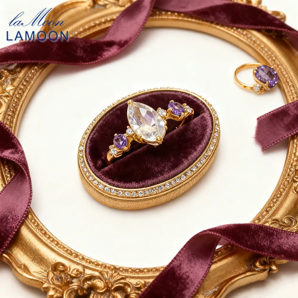 LAMOON Vintage Natural Moonstone Tanzanite Gemstone Ring For Women Luxury Elegant 925 Sterling Silver Gold Vermeil Fine Jewelry
