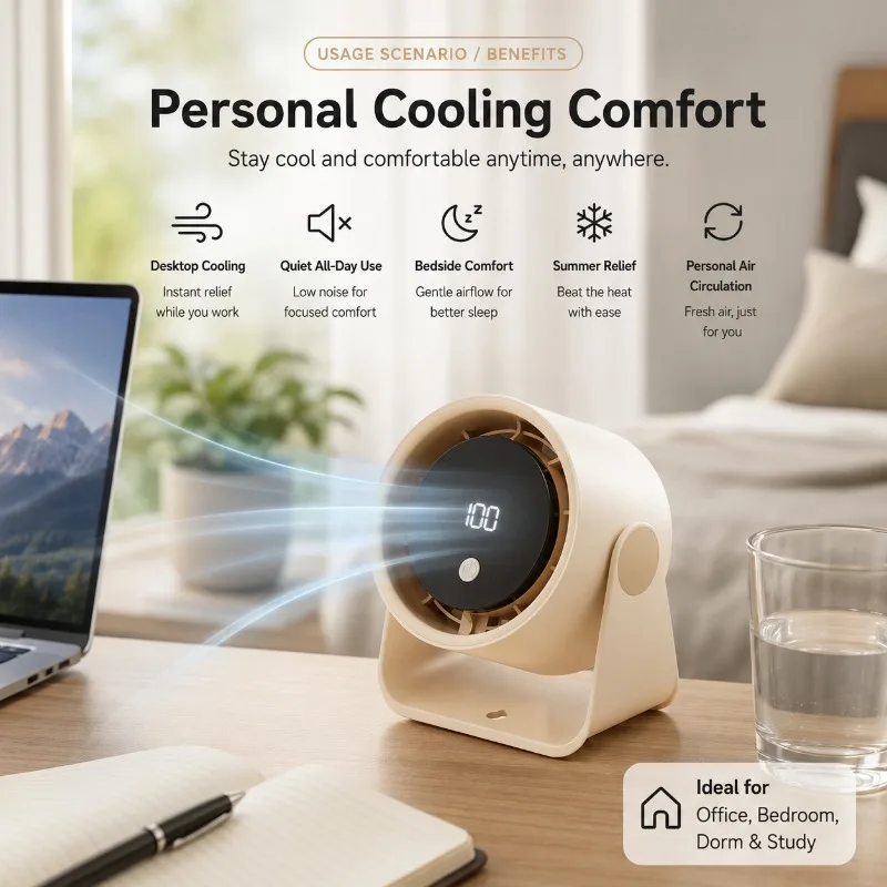 USB Charging Table Cooling Fan Built-in 1000‑1200mAh Battery Low Noise 36dB For Office Dorm Use