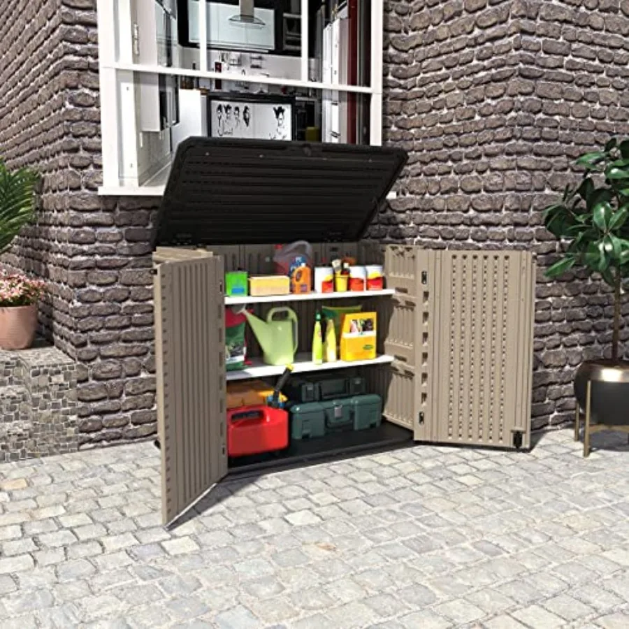Cobertizo de almacenamiento al aire libre con diseño horizontal para patios de jardín y patios traseros Construcción impermeable con puertas multiabiertas para