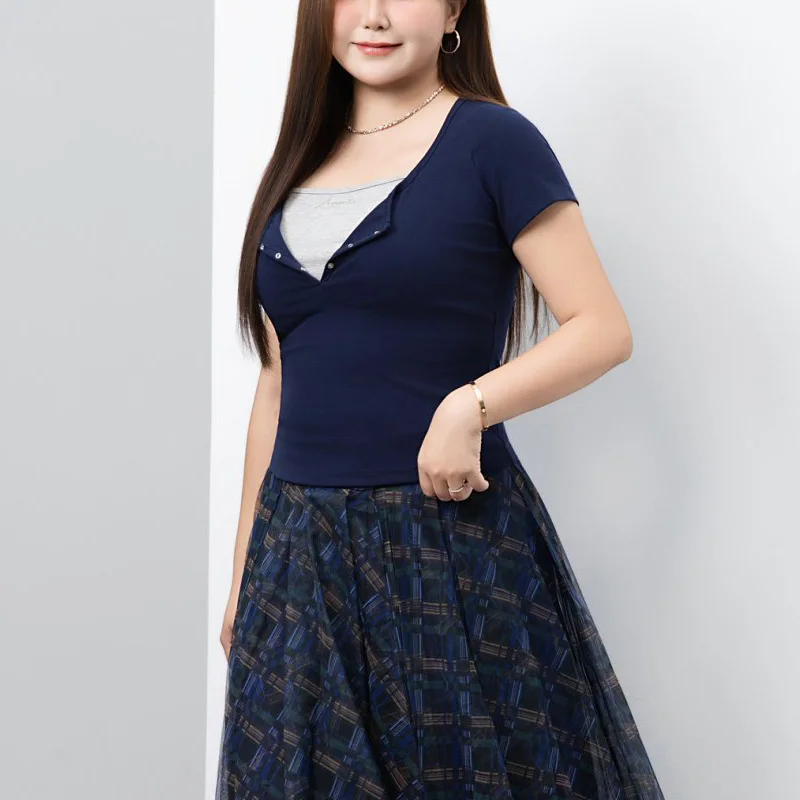 

American Hot Girl Fake Two short-sleeved T-shirts Plus Size Women Premium Slim Hot Drilling Letter Top 9227