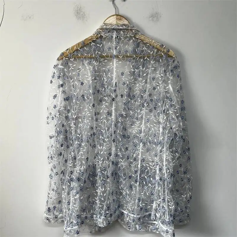 Floral Embroidery Sheer Mesh Blazer Mens Long Sleeve Lapel Loose Layering Niche Soft Street Daily Casual Coats XS45