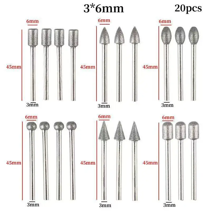 Diamond Grinding Burr Drill Bit Set 20 Pcs 3mm Shank Abrasive Polishing Tools for Stone Carving DIY Craft Jewelry Making