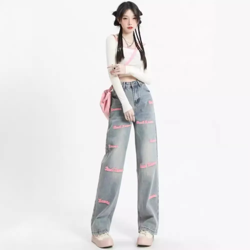 

new spring autumn female women girls high waist Embroidery high street straight jeans
