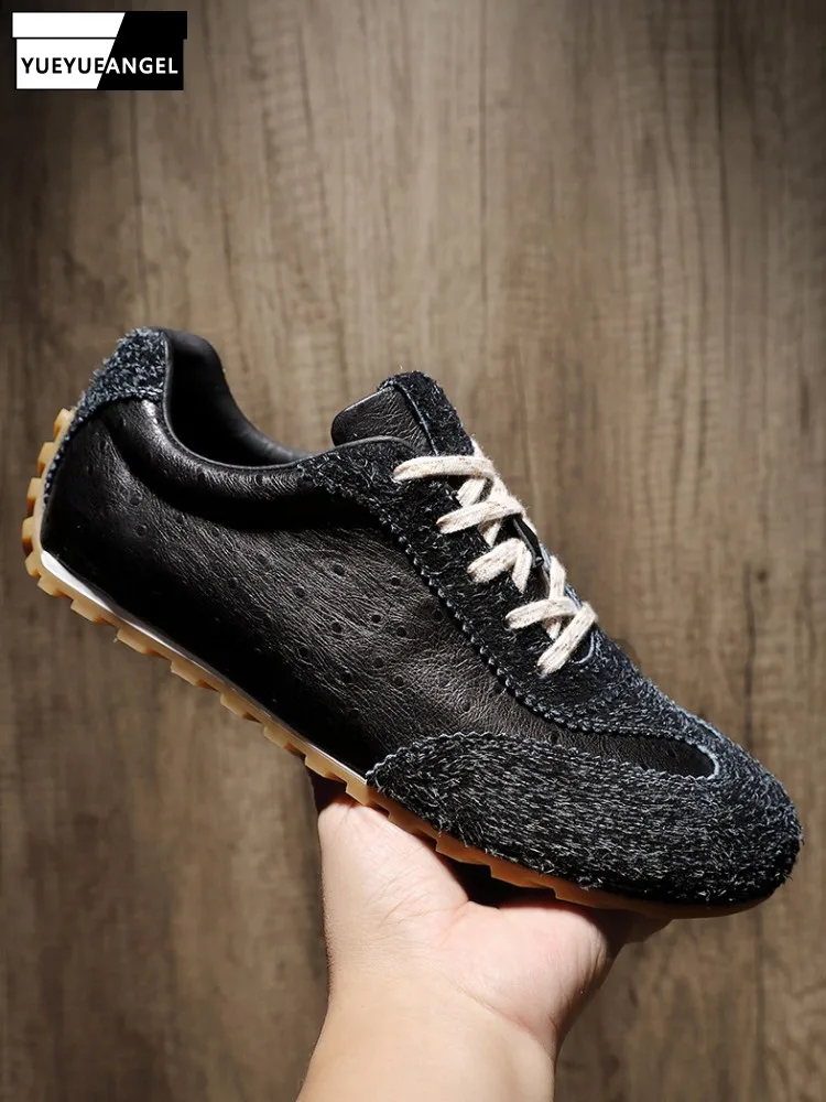 Fashion Mens Autumn Vintage Casual Shoes Cowhide Genuine Leather Shoes Lace Up Low Cut Spliced Joggers Sneakers Trainers Shoes