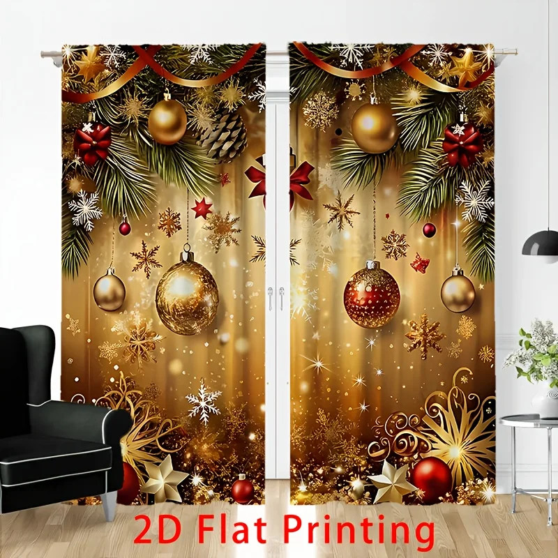 Merry Christmas Golden Decorative Rod Pocket Curtains 2 Panel Holiday Drapes for Living Room Bedroom Decor