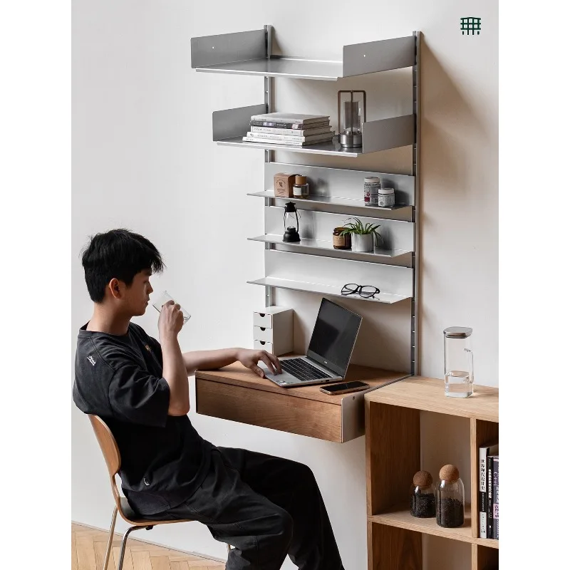 Stainless Steel Wall Mounted Shelf Metal Bookshelf for Living Room Bedroom Coat Rack with Hole Plate Storage Cup Holder