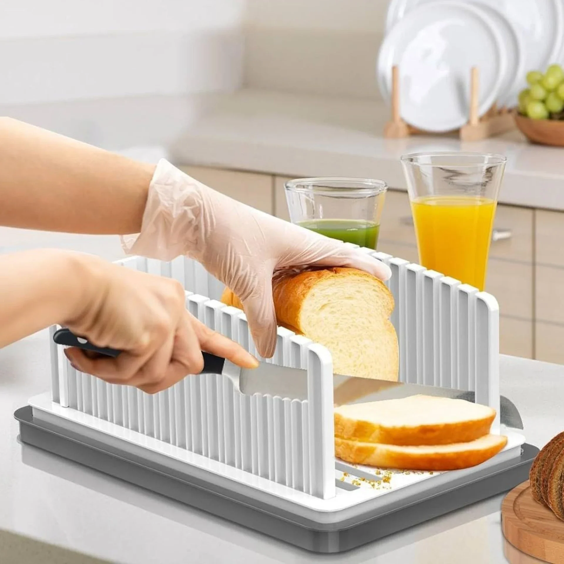 Foldable Bread Cutting Board - Adjustable Slice Guide with Catch Tray, Multi-Purpose Kitchen Tool for Even Slices