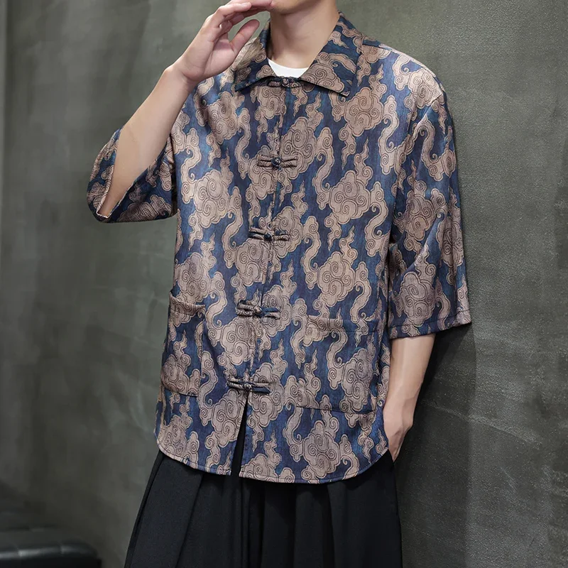ขนาดใหญ่ 3XL 4XL 5XL Tang เสื้อผ้าสไตล์จีนวินเทจฤดูร้อน icesilk เสื้อแจ็คเก็ตชาย Tai Chi Kung Fu เสื้อผ้าพิมพ์เสื้อ