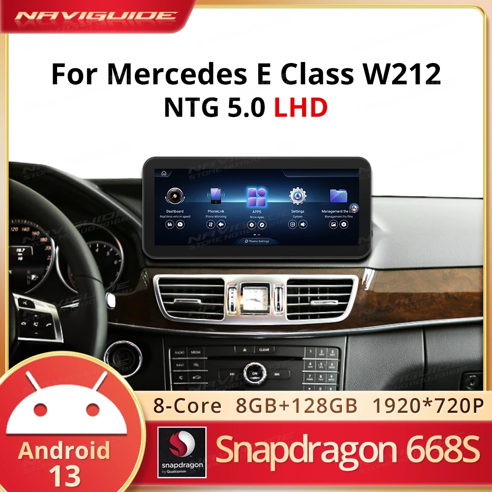 

NAVIGUIDE Android13 для Mercedes E Class W212 NTG 5,0, беспроводная система Carplay, Android Auto, интеллектуальный автомобильный мультимедийный плеер DSP