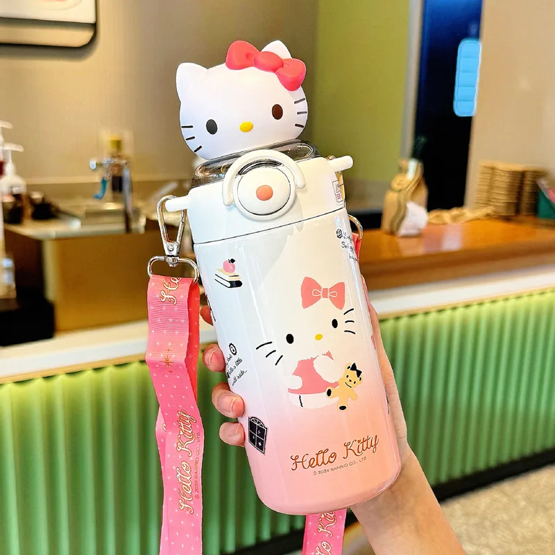 Hot Sanrio Sus 316 600Ml 학생 밀짚 열 컵 카와이 인형 헬로 키티 만화 귀여운 휴대용 안티 가을 어린이 워터 컵 키트