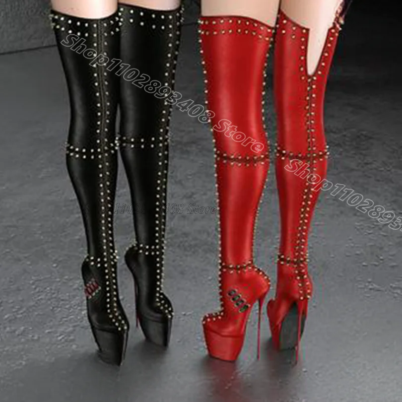 

Red Rivet Decor Stiletto Platform Boots Solid Leather British Style New Fashion Party Over Knee Boots 2024 Zapatos Para Mujere