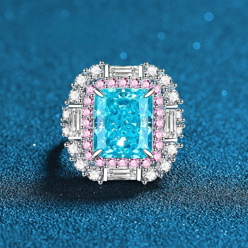 

Hairui Candy Series PT950 Platinum Artificially Cultivated Gemstone Open Ring Women's Sea Blue 8-Carat Ice Flower Cut