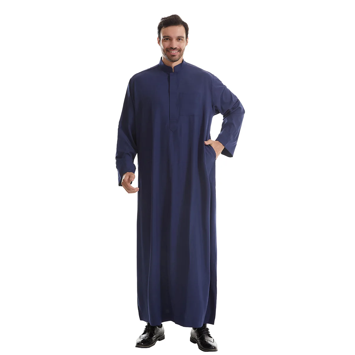 Ramadan Saudi Polyester Muslim Men's Robe Jubba Thobe Stand Collar Robe Pocket Design Arab Middle Eastern Menswear Muslim Arabic